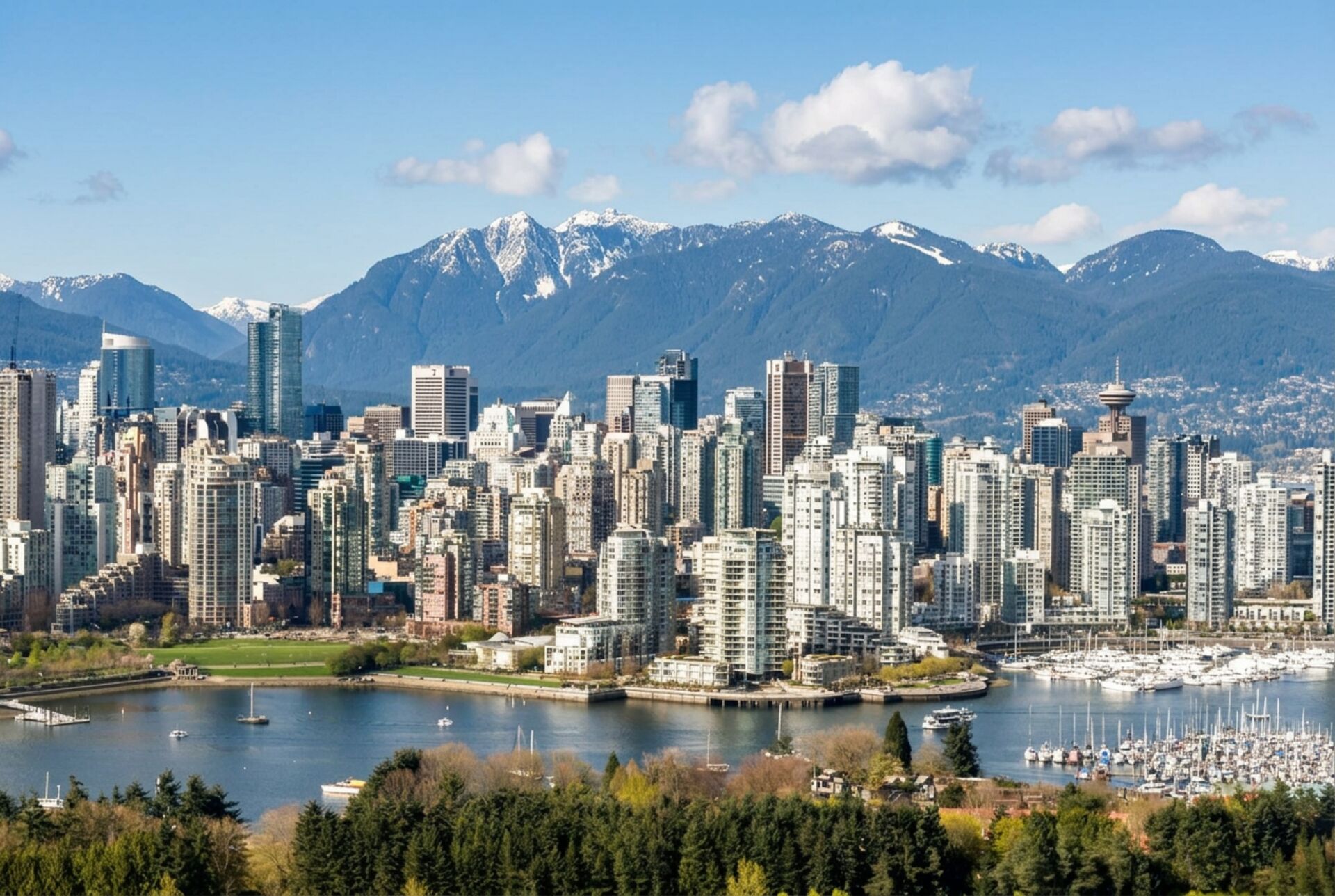 Aerial view of Vancouver skyline with the North Shore mountains and the Pacific inlet